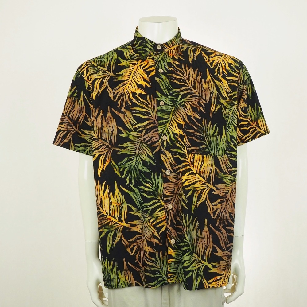 Orvis Hawaiian Button Down Shirt Mens Large Black Floral Cotton Tropical Casual